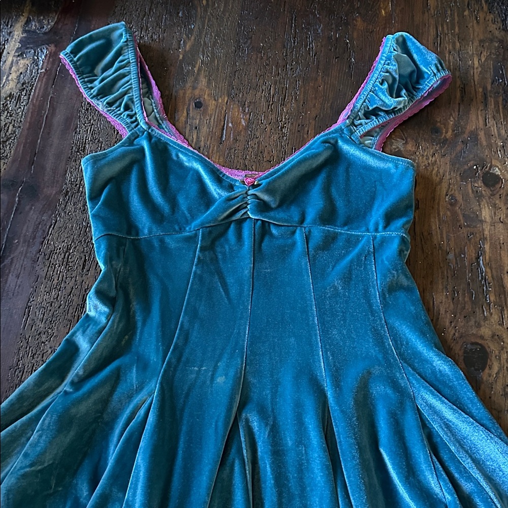 Free People Teal velvet dress with Pink Trim